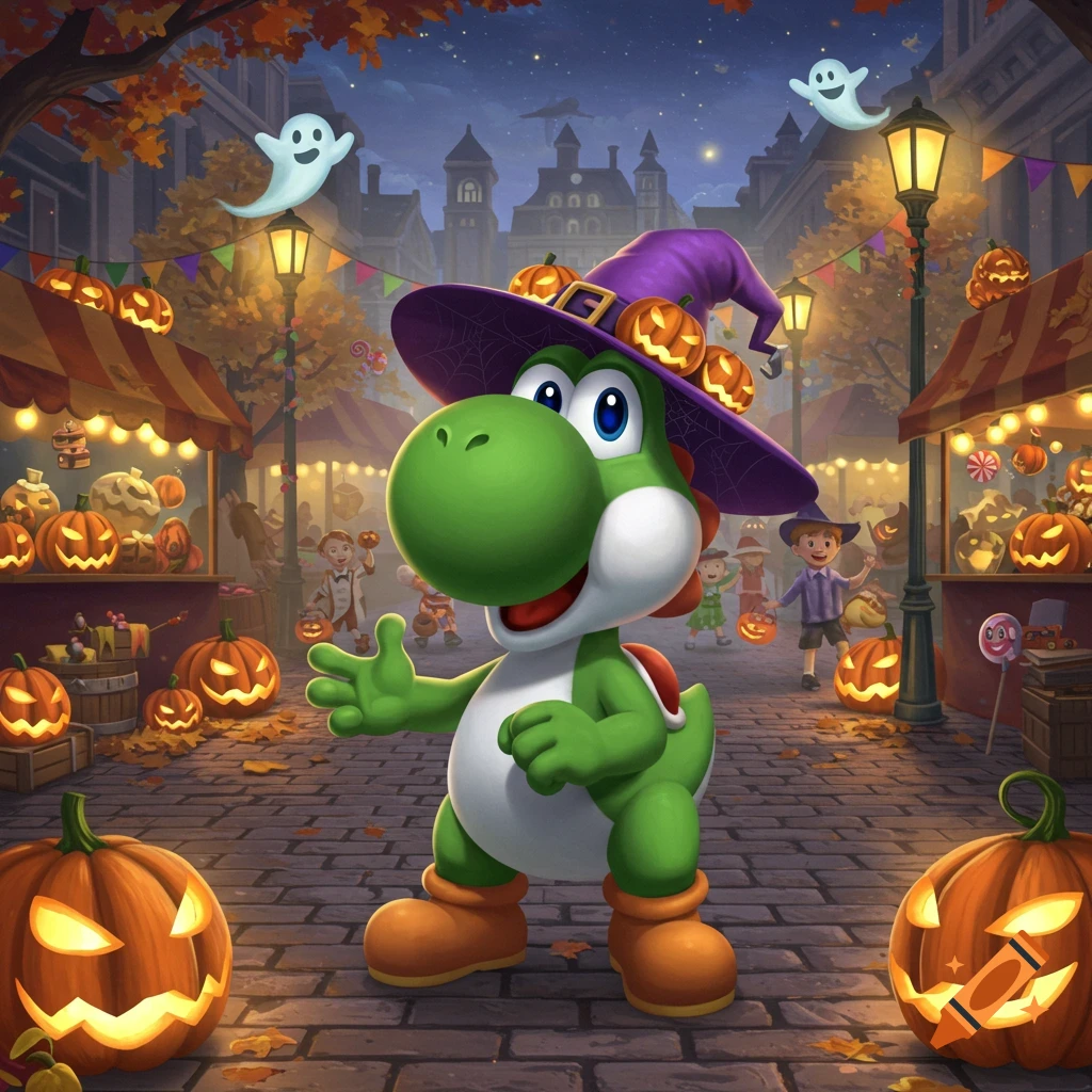 Yoshi in a witch hat stands in a vibrant Halloween market at night, surrounded by glowing jack-o'-lanterns, ghosts, and children.
