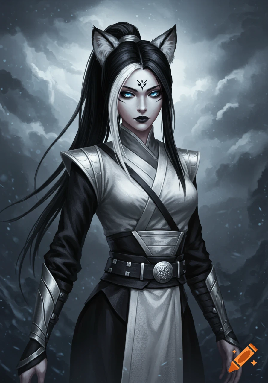Pale-skinned fantasy woman with blue eyes, black/white hair, and snow leopard ears in a silver and black combat outfit, cloudy sky.