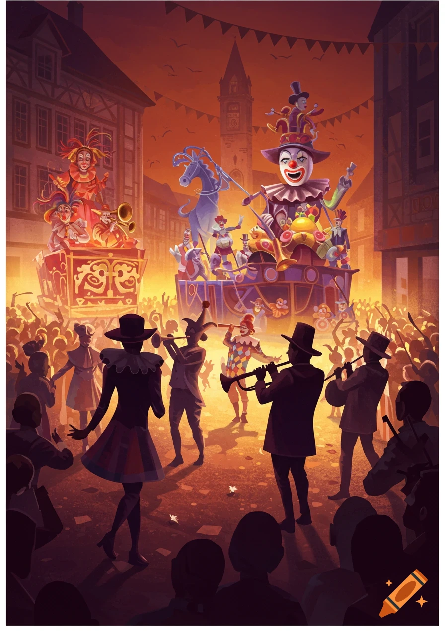 A vibrant carnival parade with elaborate floats, clowns, street musicians, and a cheering crowd at dusk, in a minimalistic digital painting style.