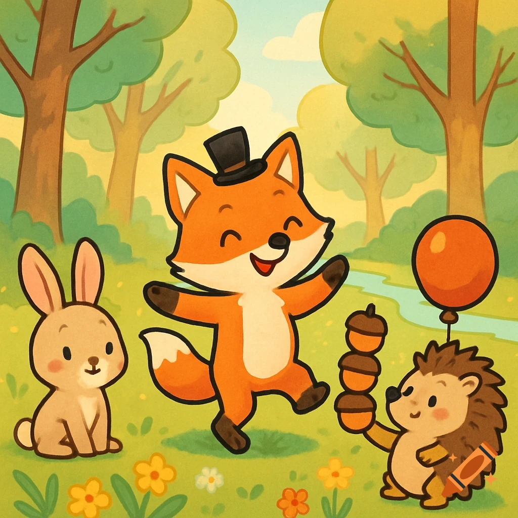 A whimsical cartoon illustration of a fox with a top hat, a bunny, and a hedgehog holding acorns and a balloon in a forest.