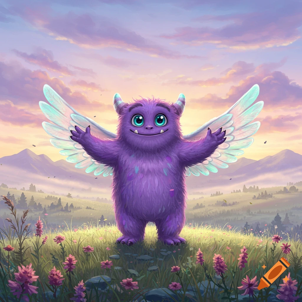 A fluffy purple monster with blue eyes and wings stands in a field of flowers at sunset, with mountains in the background.