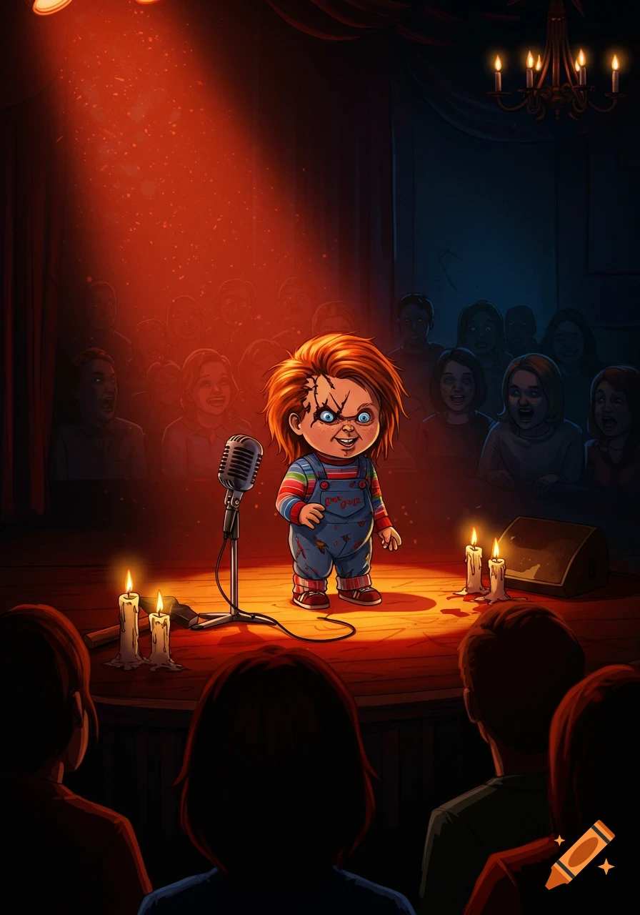 Cartoon Chucky doll doing stand-up comedy on a stage with a microphone and candles, under a red spotlight, in front of a shadowy audience.