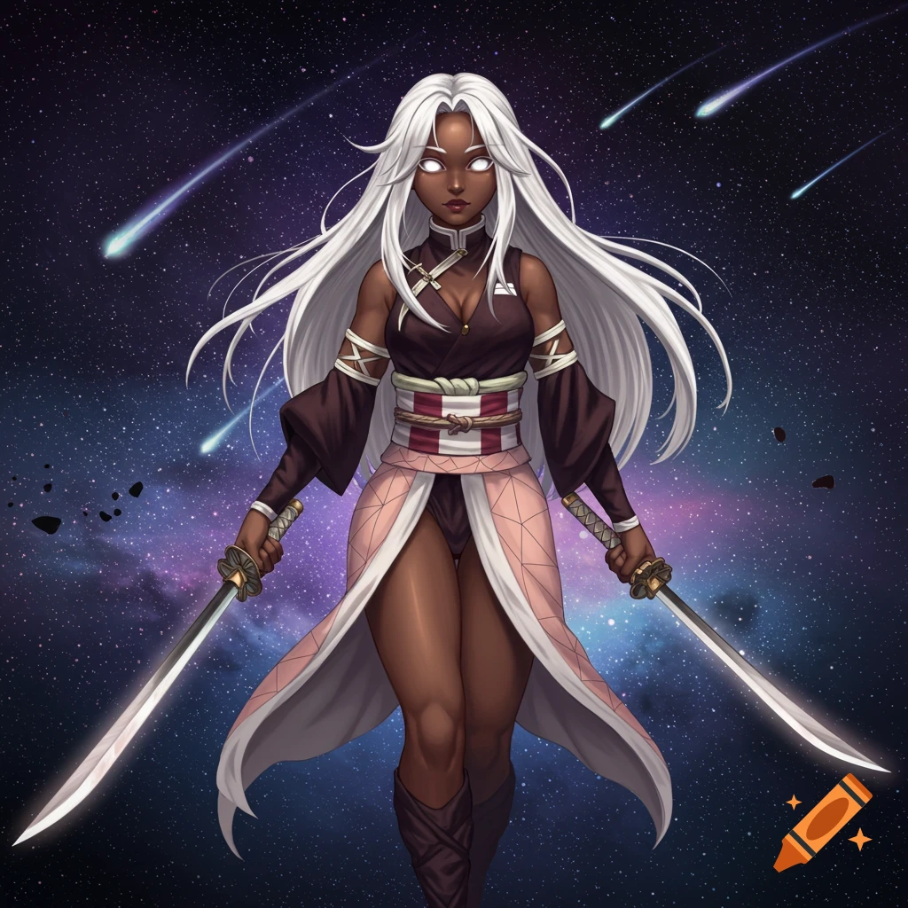 An anime-style woman with dark skin and long white hair, wearing a brown and pink kimono-like outfit, stands against a starry cosmic background, holding two swords.