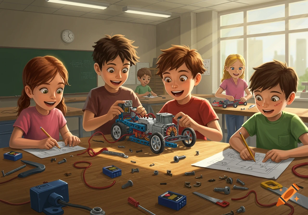 Cartoon illustration of excited children building a model dragster with various tools and components in a bright classroom.