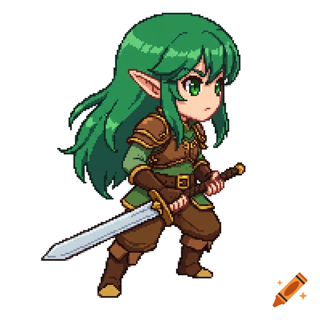 A cute 2D pixel art young elf warrior with green hair, pointed ears, leather armor, holding a sword in a sprite game style.