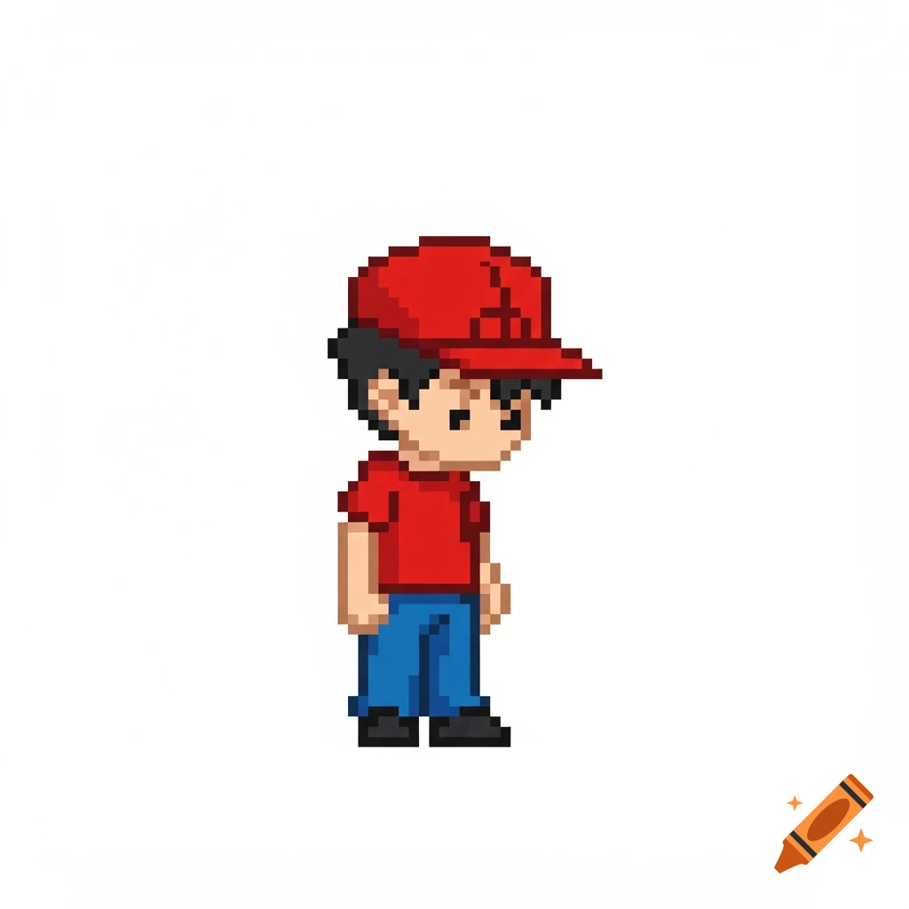 Pixel art sprite of a young male Pokémon-style trainer in a red cap, red shirt, blue pants, and black shoes, standing idle and looking down.