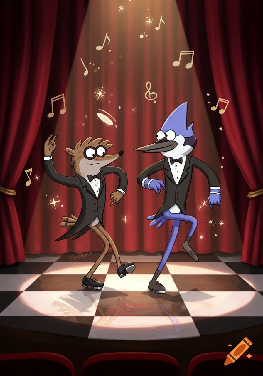 Cartoon Rigby and Mordecai tap dancing in tuxedos on a spotlighted stage with red curtains.