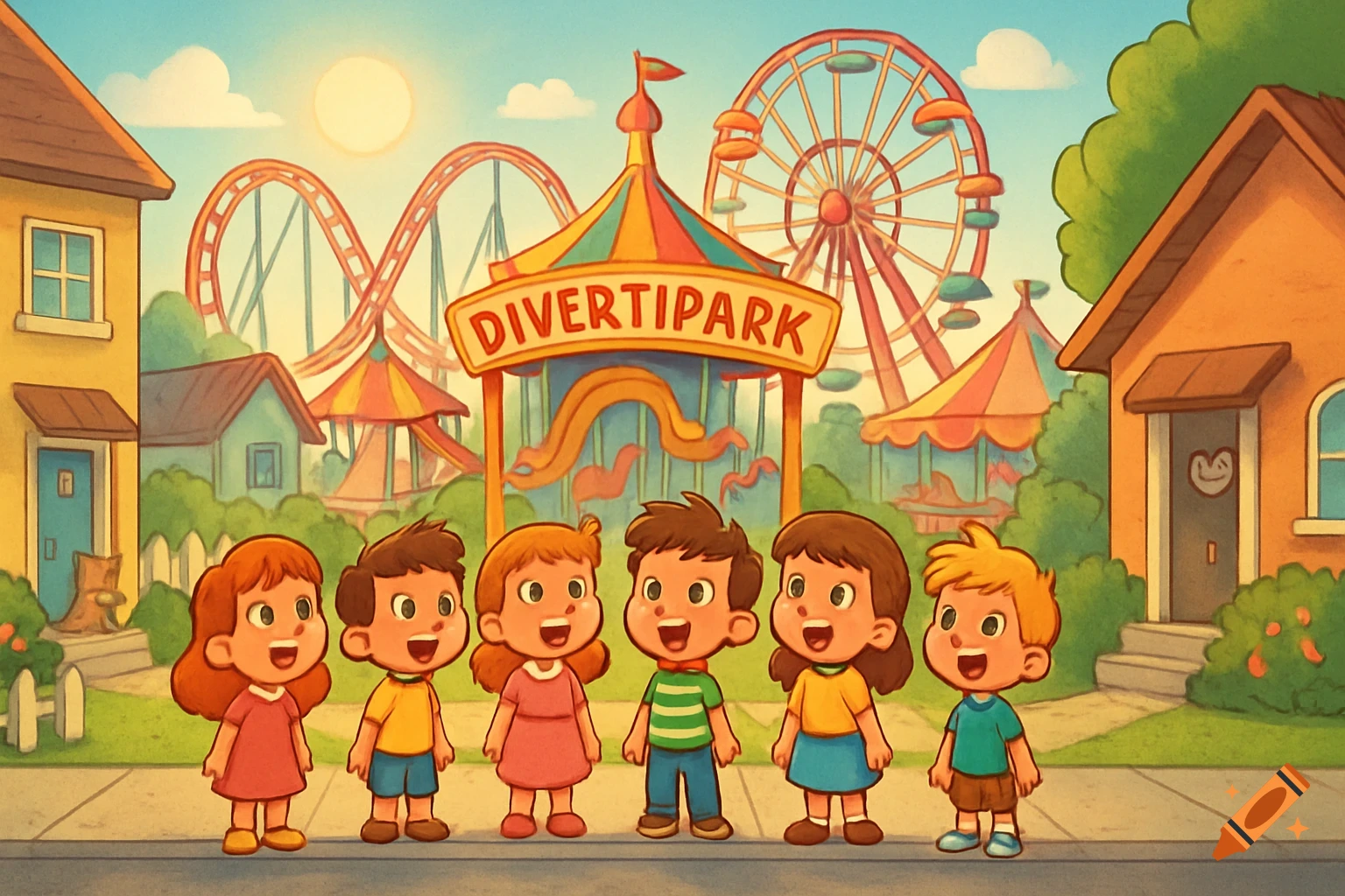 A cartoon of 6 children (3 boys, 3 girls) looking at a brightly colored amusement park with a roller coaster and Ferris wheel in an average neighborhood.