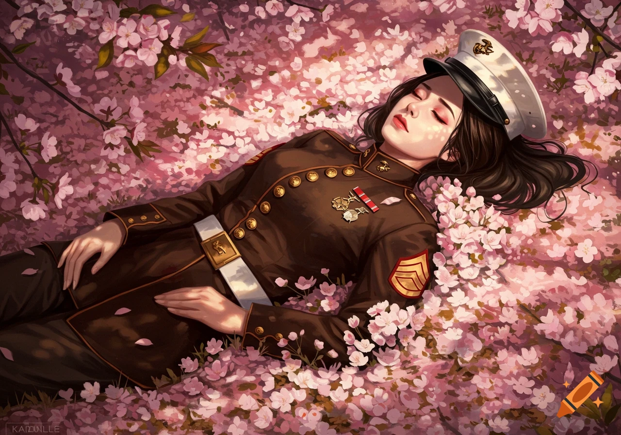 An anime-style illustration of a woman in a Marine Corps uniform sleeping in a field of pink cherry blossoms.