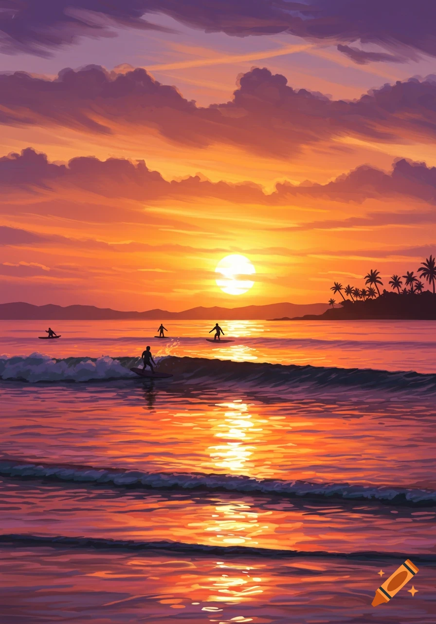 Vibrant painting of surfers riding waves at sunset, with a fiery orange sky, calm ocean, and distant palm trees.