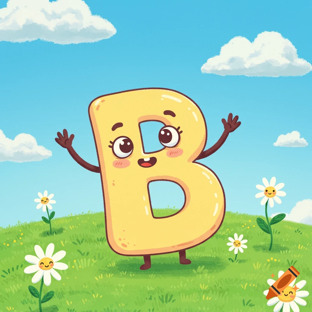 Cartoon letter B with a happy face and waving arms in a green field with daisies under a blue sky with clouds, soft pastel colors.