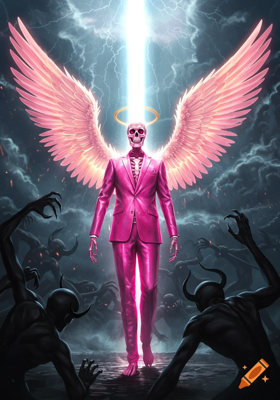 A skeleton in a pink suit with large pink angelic wings and a halo, walking through dark, horned demons under a stormy sky with a bright light beam.