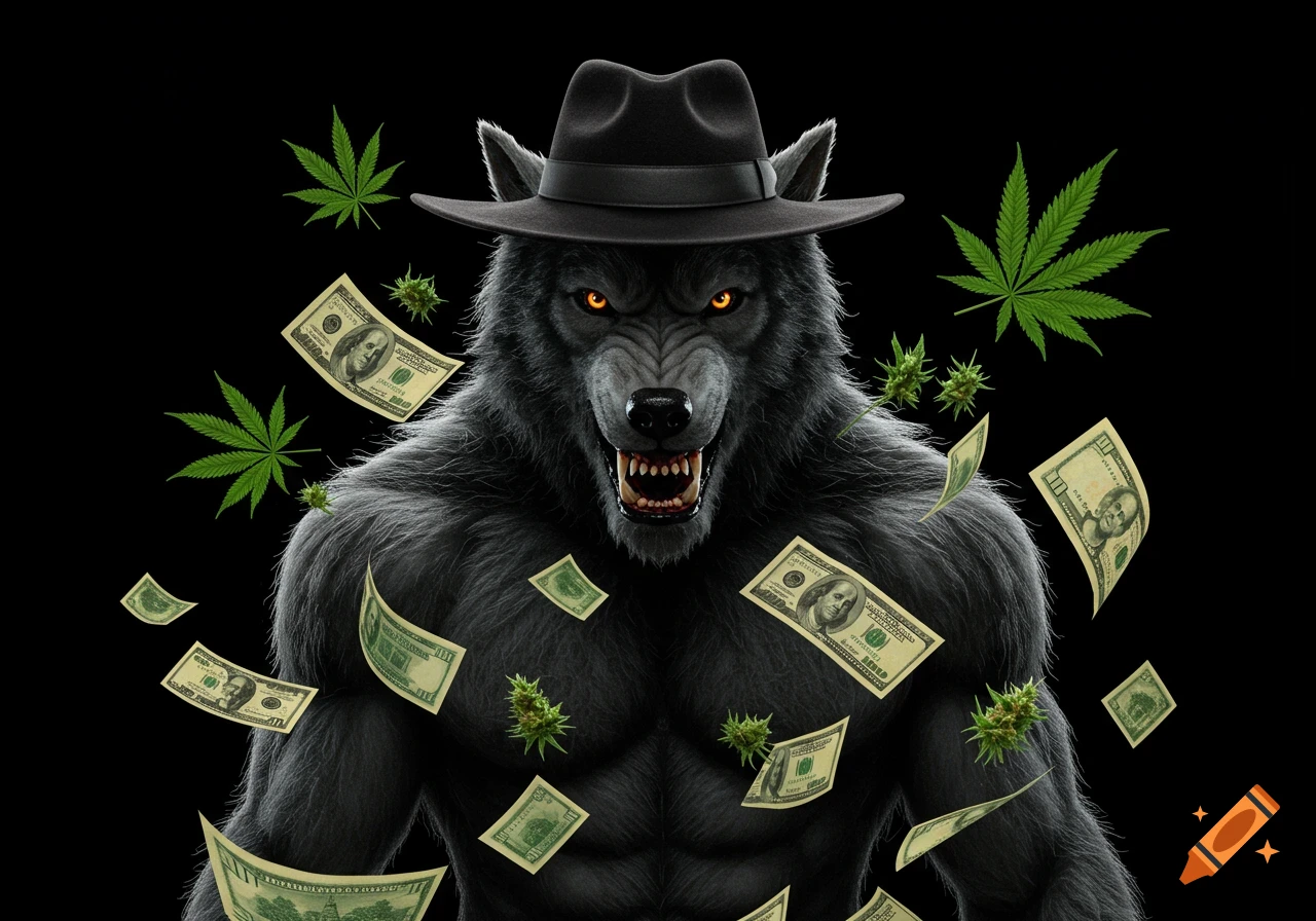 A muscular werewolf wearing a fedora, with glowing orange eyes, surrounded by falling dollar bills and cannabis leaves on a black background.