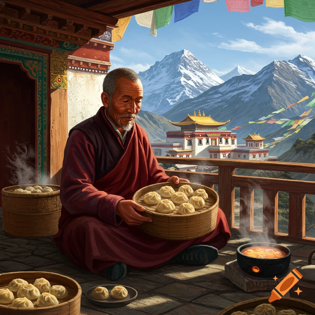 A Tibetan man in traditional robes prepares dumplings on a balcony with a scenic view of a temple and snowy mountains.