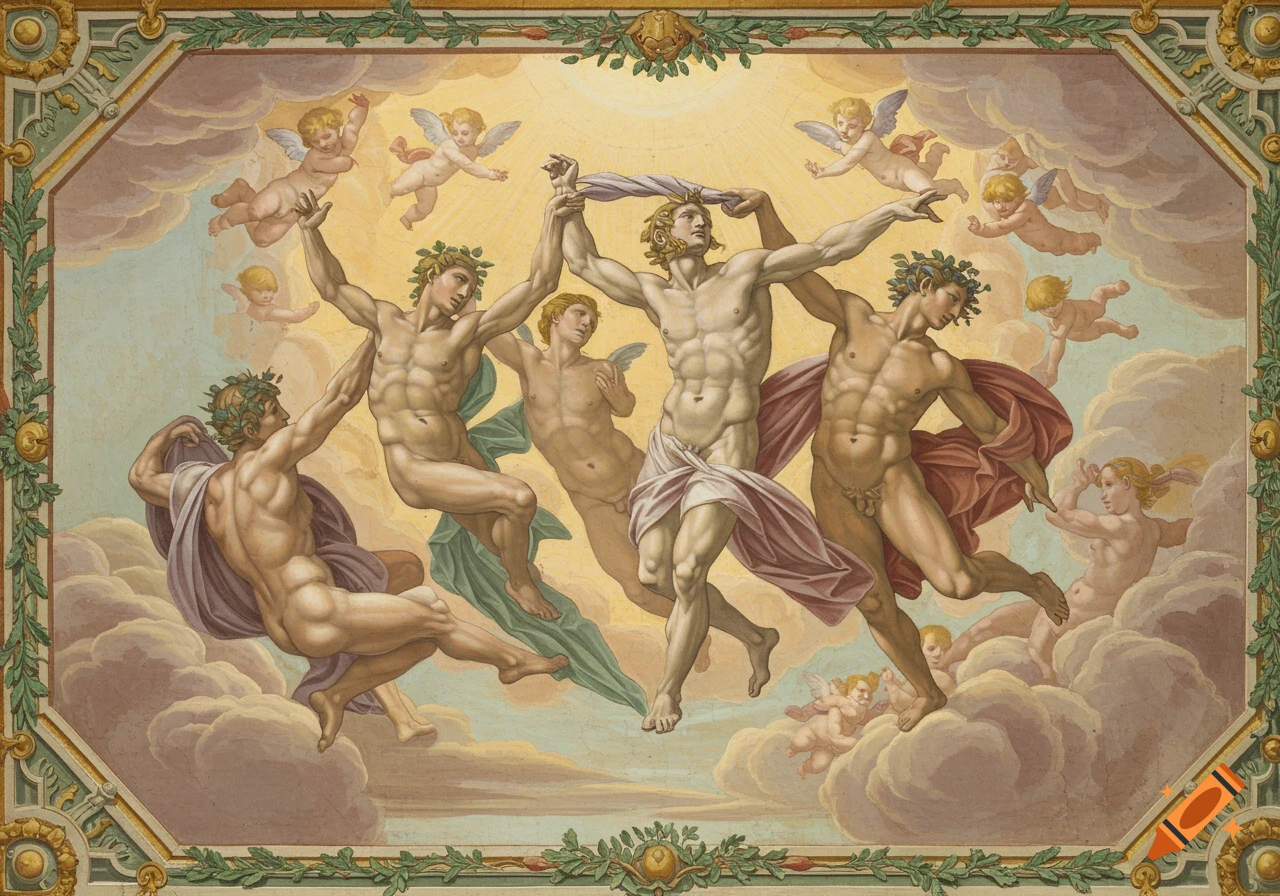 Renaissance fresco of muscular nude male figures and cherubs floating on clouds in a golden sky, surrounded by an ornate border.