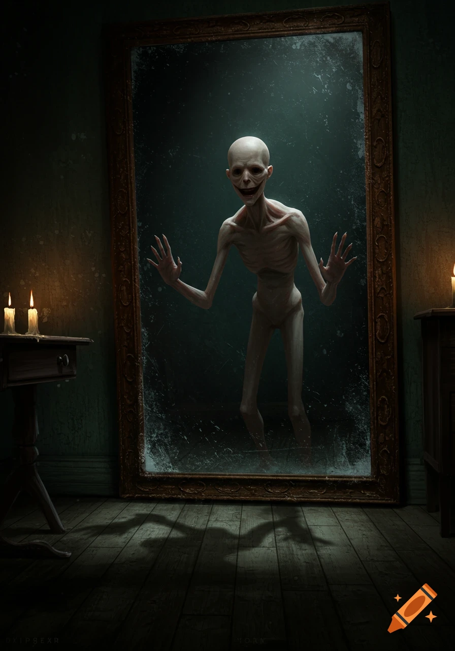 A creepy, pale humanoid with a sinister smile reflected in a mirror in a dark, candlelit room, in a surreal horror style.