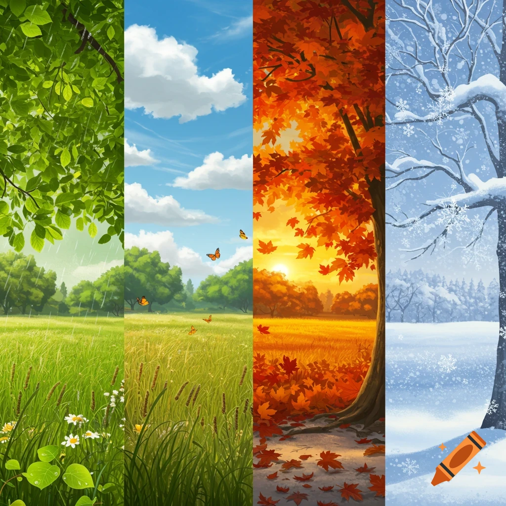 A four-panel vertical collage depicting the four seasons: rainy spring, sunny summer, autumn sunset with fall leaves, and snowy winter.