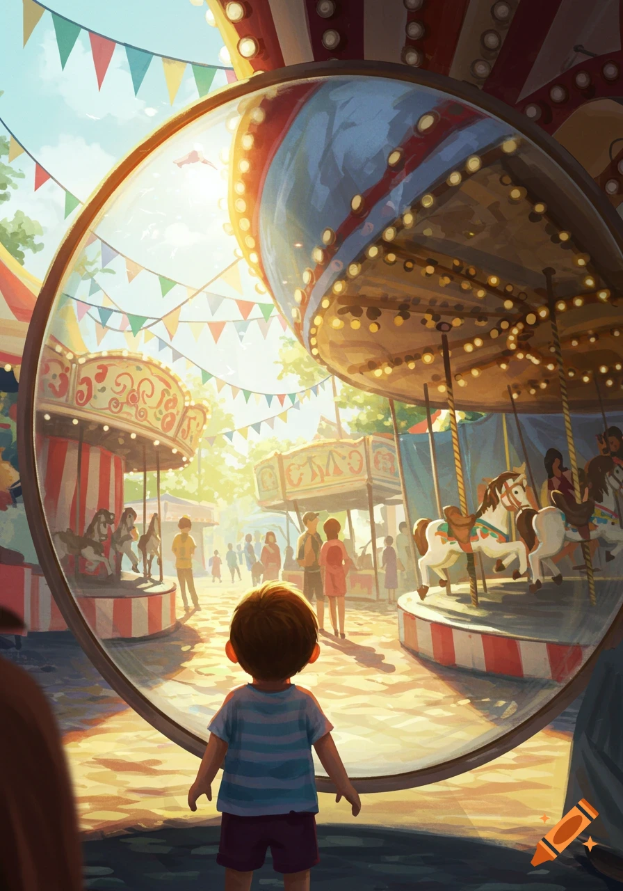 A child stands with their back to the viewer, looking into a large, distorted mirror at a bright, sunny carnival scene with carousels and people, in a vibrant, illustrative style.