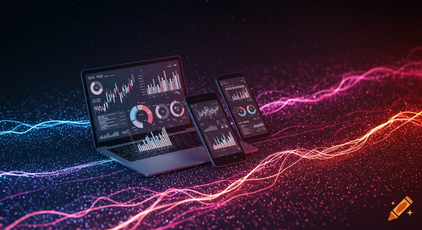 A laptop and two smartphones display data graphs and charts on glowing screens, surrounded by vibrant blue and red light trails and particles on a dark, abstract background.