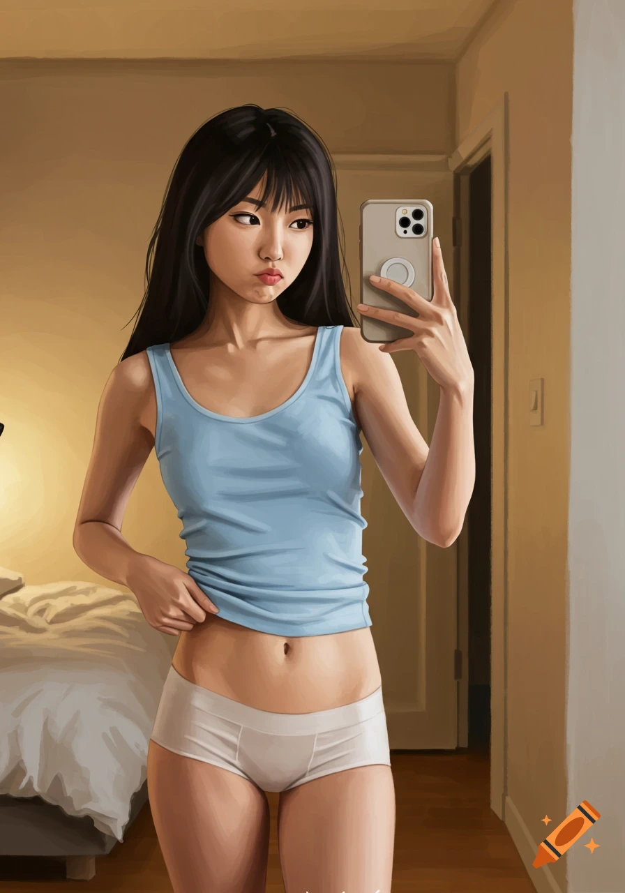 Digital art of a young Asian woman in a blue tank top and white boyshorts, taking a mirror selfie in a bedroom.