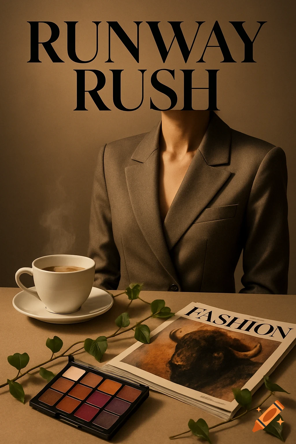 Fashion magazine cover "RUNWAY RUSH" with a person in a blazer, a coffee cup, makeup, and a magazine with a bull.