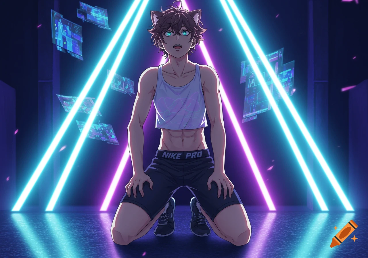 Anime cat boy in a white crop top and black Nike Pro shorts, kneeling in a neon cyberpunk setting.
