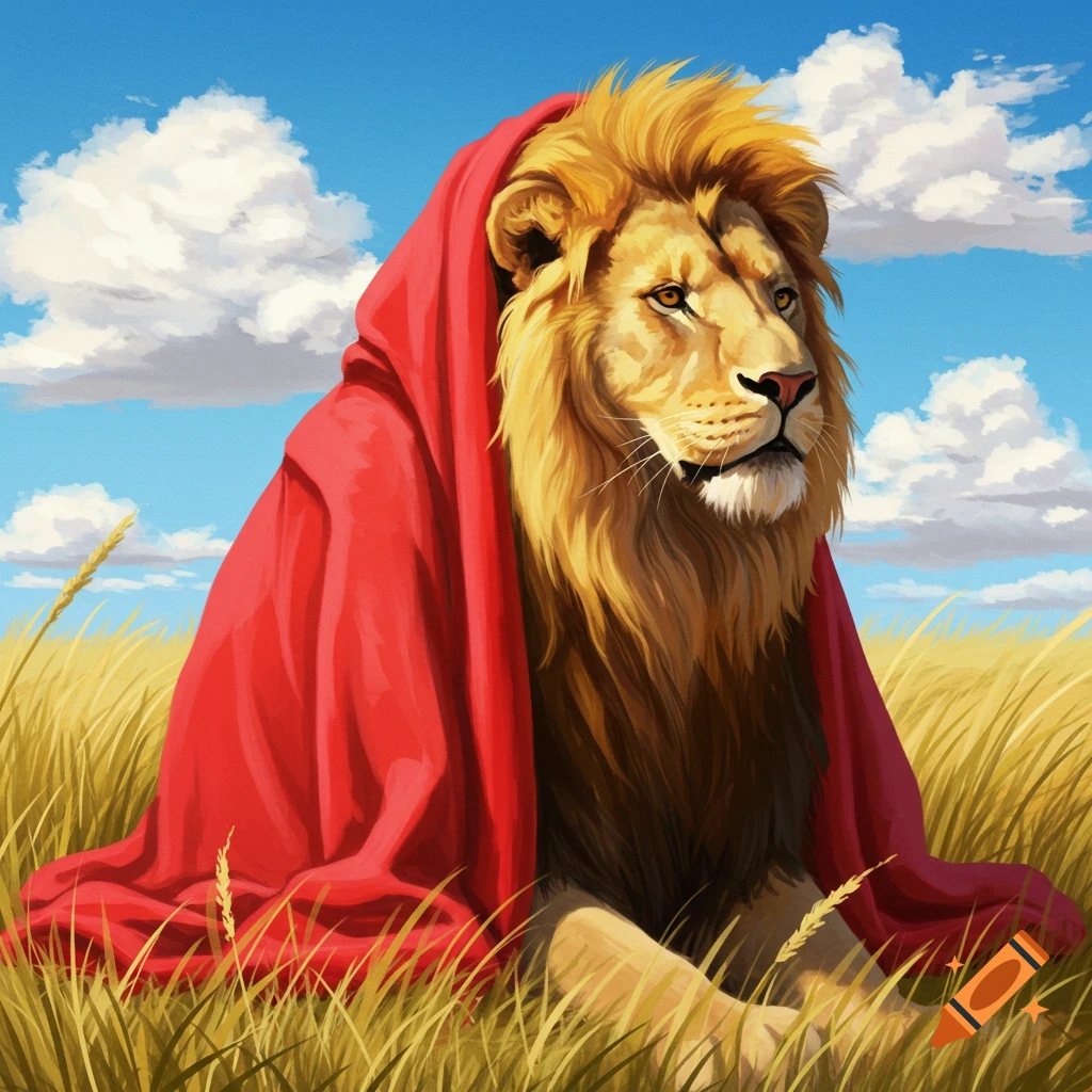 A majestic lion wearing a red cloak sits in a grassy field under a blue sky with white clouds, looking to the right.