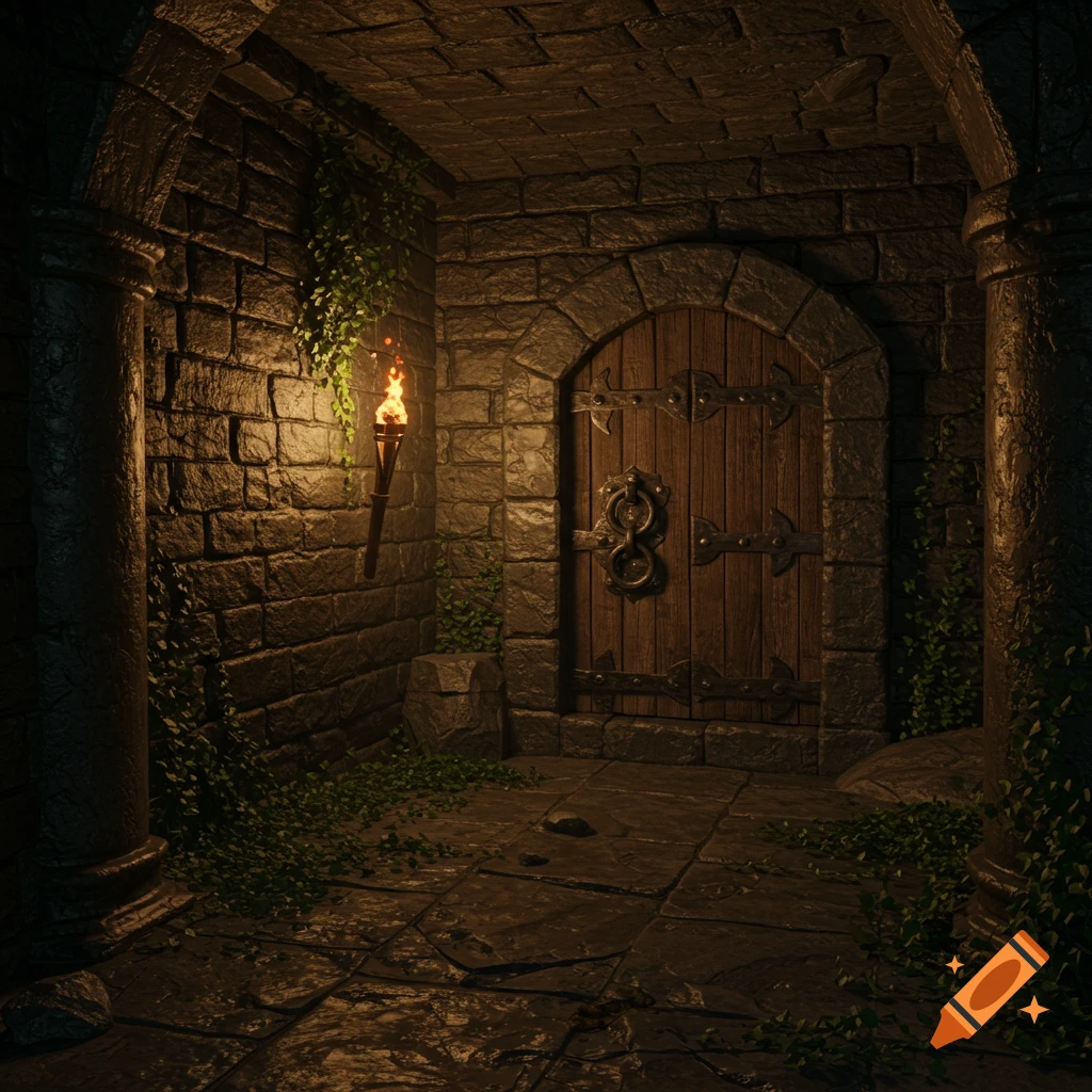 A dimly lit stone dungeon room with a heavy wooden door, a flaming torch, and vines growing on the walls.