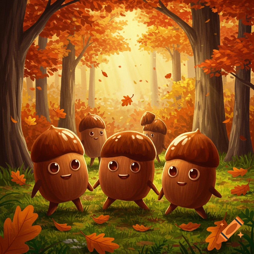 Four adorable cartoon acorns with smiling faces walk through a vibrant autumn forest with falling orange leaves and sun rays.