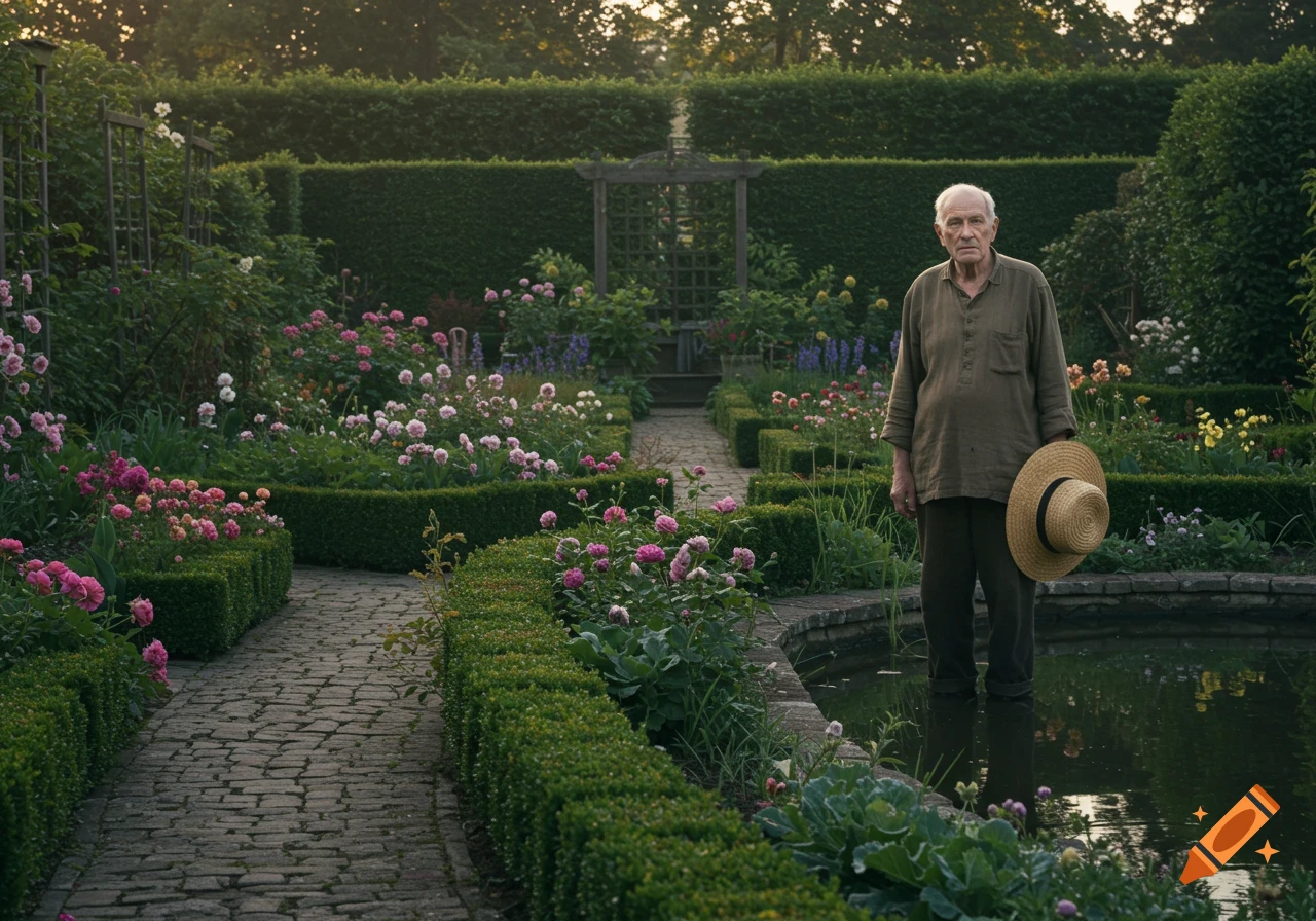 An old man stands in a garden pond, holding a straw hat, surrounded by blooming flowers and green hedges. Photorealistic.