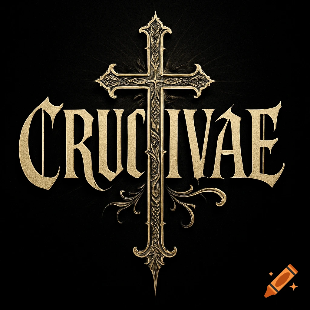 Ornate golden gothic text 'CRUCIVAE' with the 'I' forming an elaborate religious cross, on a dark background.