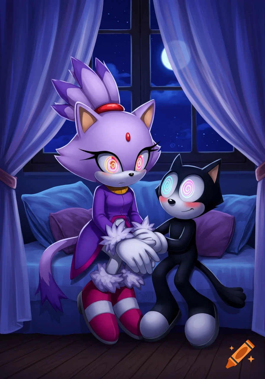 Cartoon of purple cat Blaze and black cat Felix sitting on a bed, holding hands, both with spiral eyes and blushing, in a cozy bedroom at night.