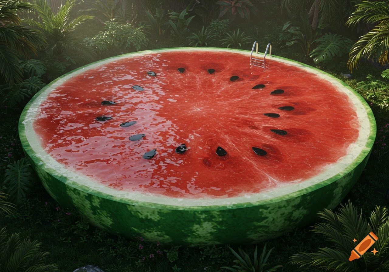 A photorealistic giant watermelon swimming pool with a ladder in a lush tropical jungle setting.