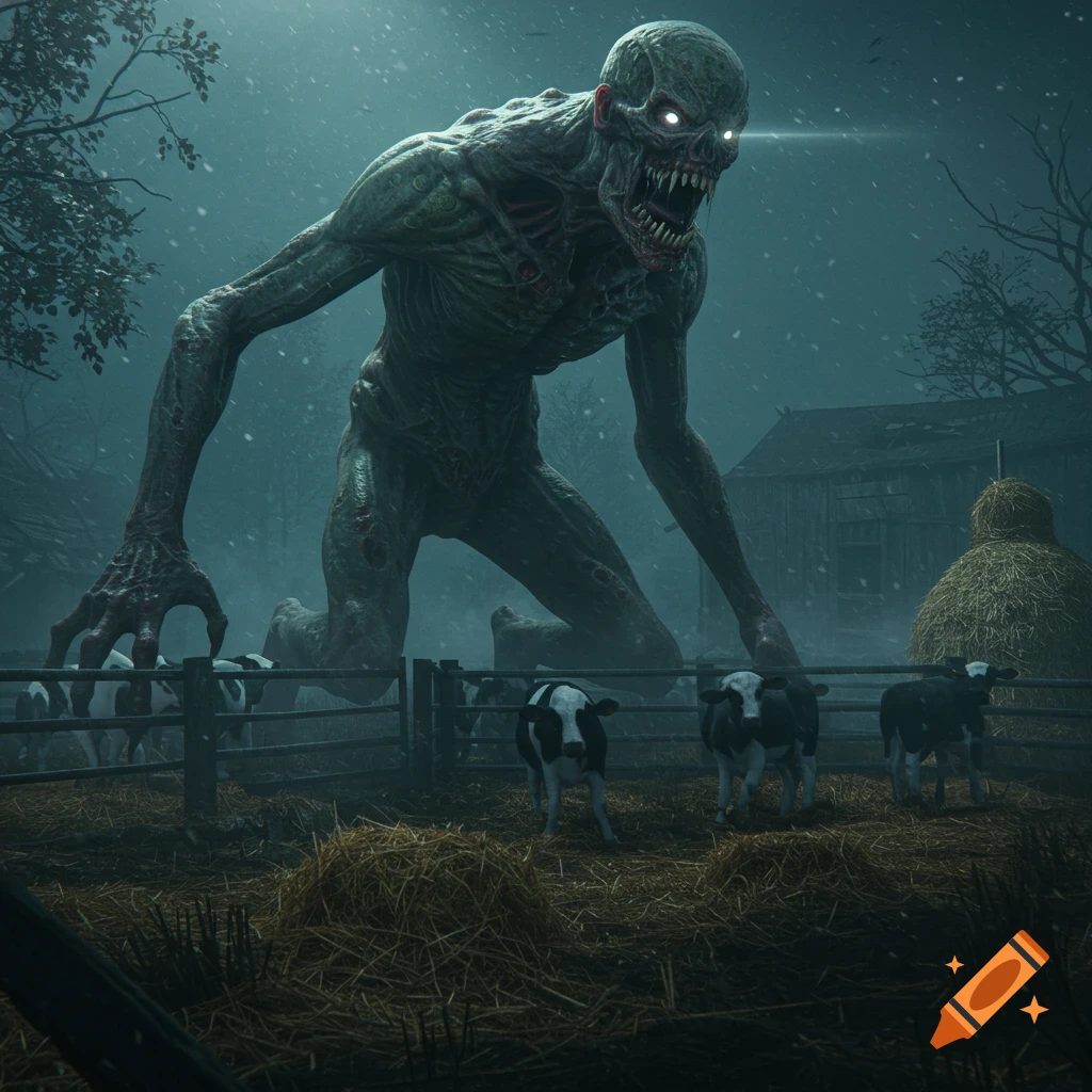 A giant, skeletal green monster with glowing eyes looms over a pen of calves on a snowy farm at night.