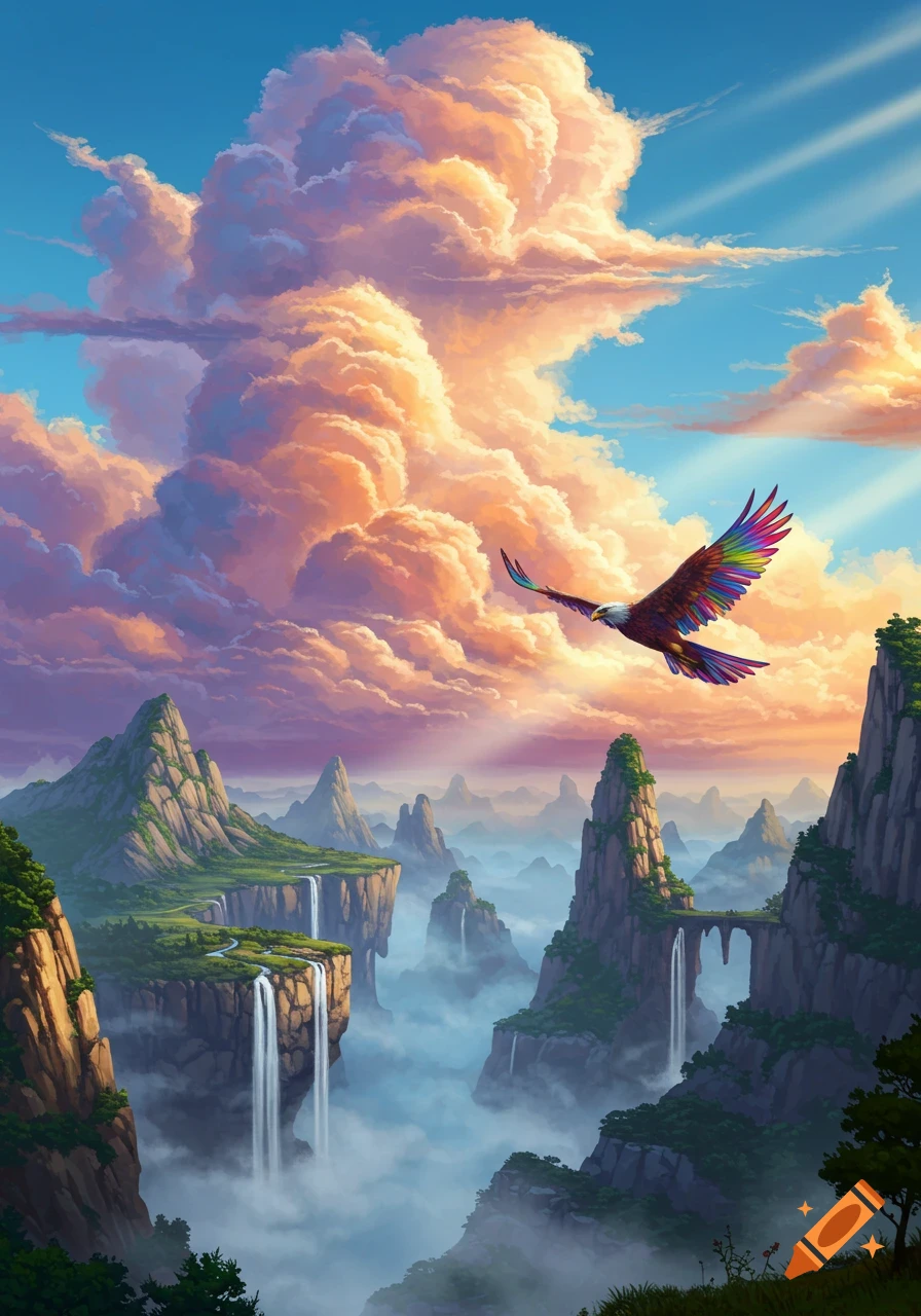 Vibrant fantasy landscape with waterfalls, misty mountains, and a rainbow-winged eagle flying under a sky of golden clouds. Digital painting.
