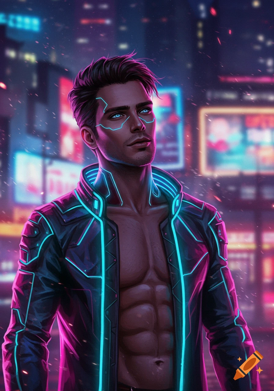 A cyberpunk man with glowing blue lines on his face and a neon-outlined jacket stands in a futuristic city at night.