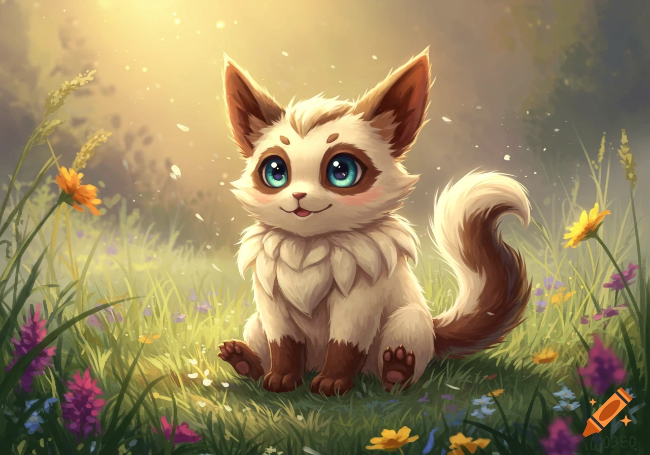 Cute, fluffy Eevee-like creature with big blue eyes sits in a sunny field of colorful wildflowers in an illustration.