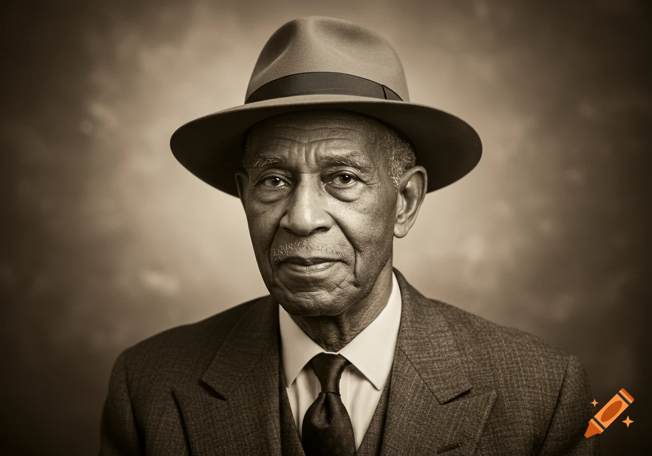 A sepia-toned portrait of an elderly African American man wearing a fedora, suit, and tie, looking directly at the viewer.