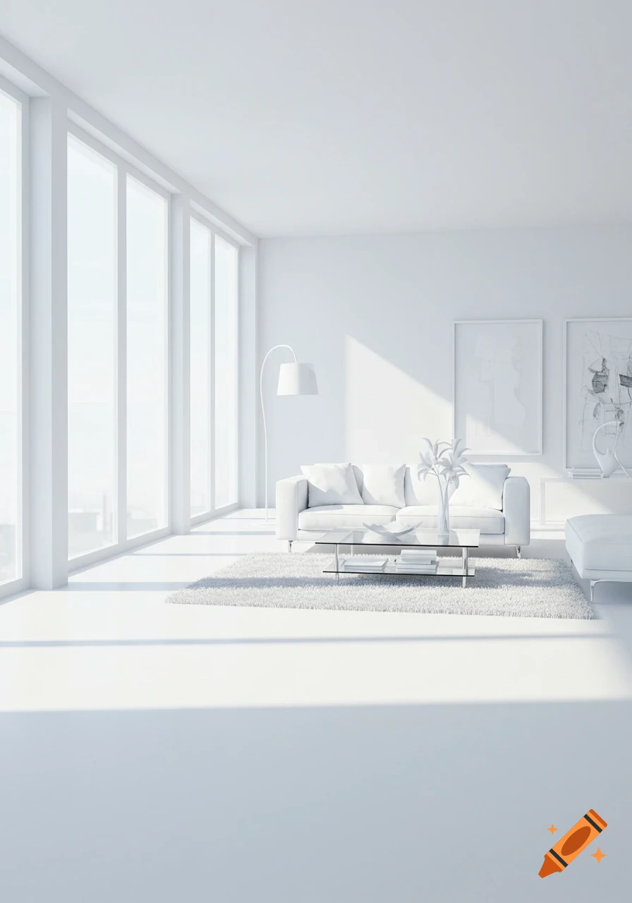 Bright, minimalist white living room with a white couch, glass coffee table, and large windows, lit by natural light.
