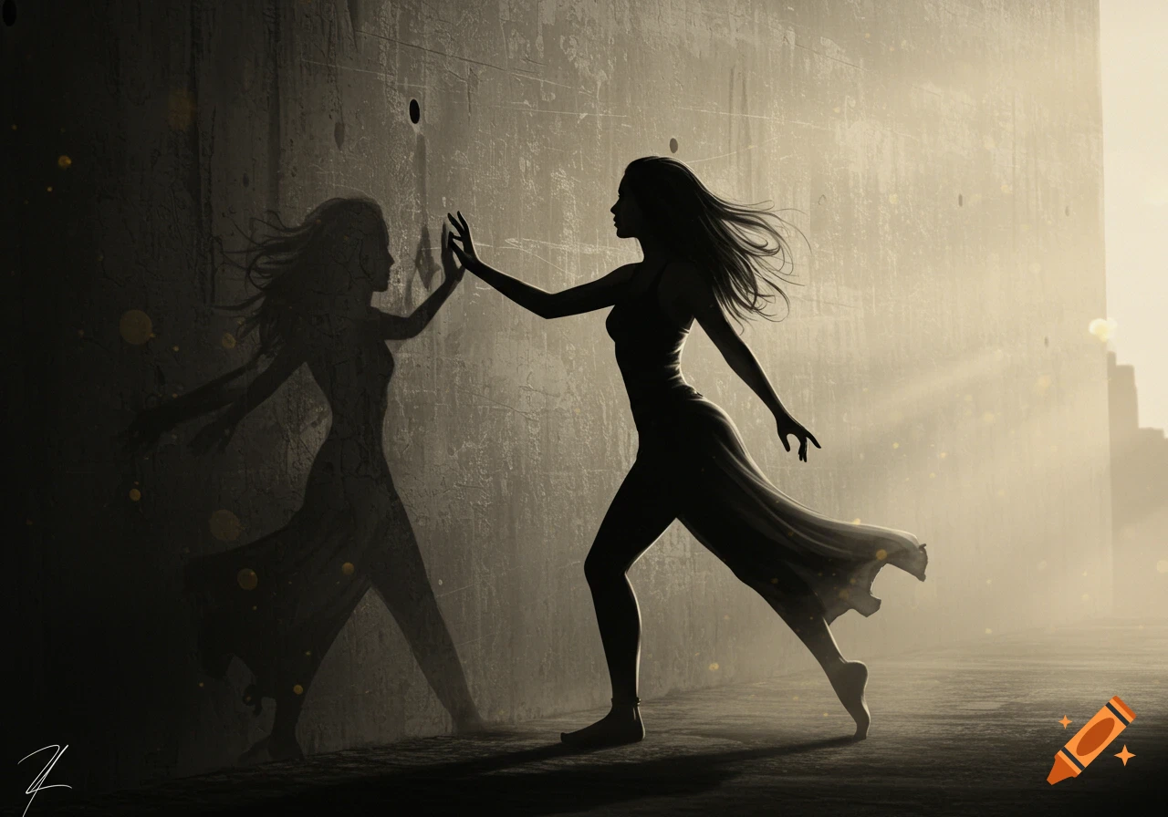 A silhouetted woman in a flowing dress reaches out to her own shadow on a textured wall, bathed in light from the right.