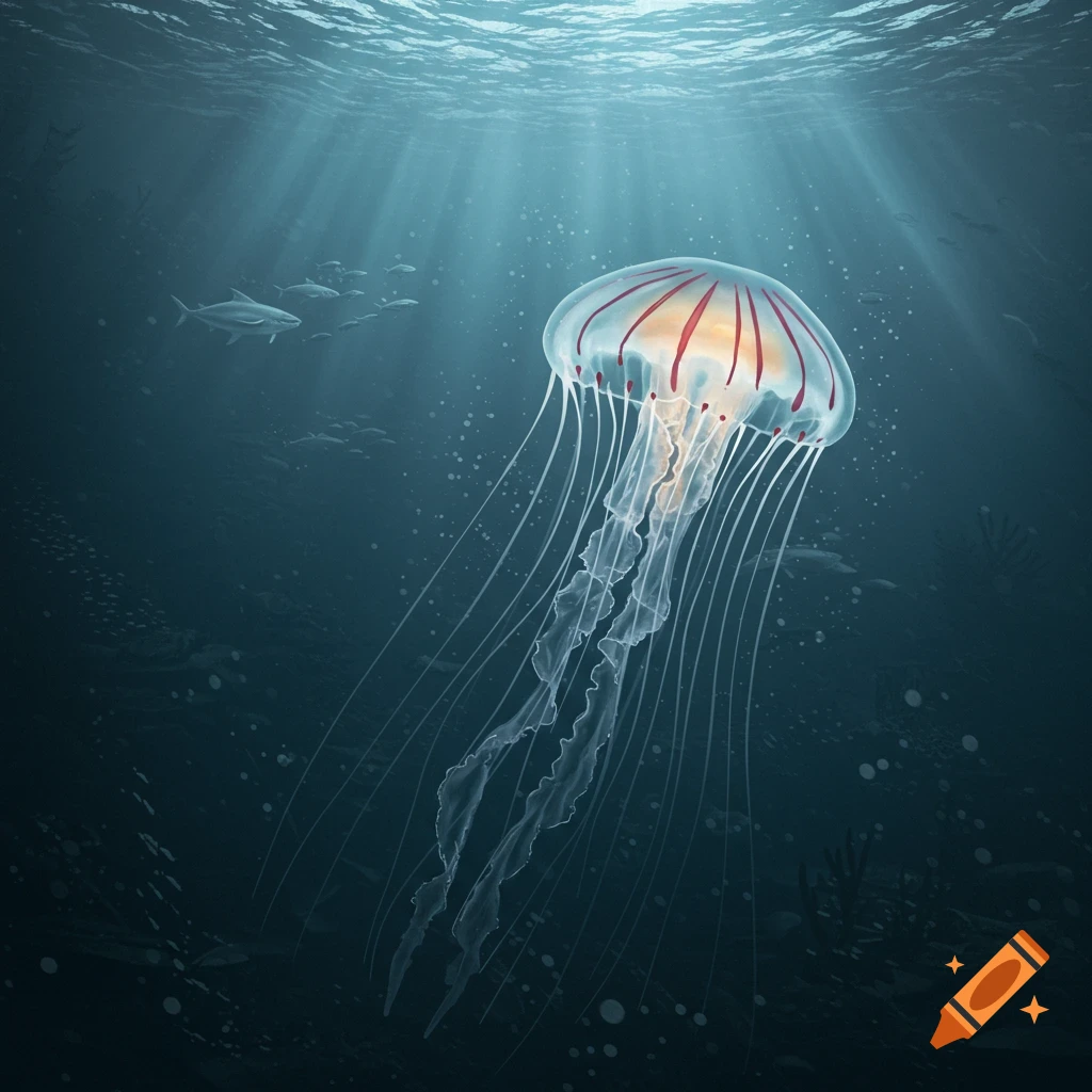 A vibrant jellyfish with red stripes and long tentacles swims gracefully in the deep blue ocean, illuminated by sunbeams from above.