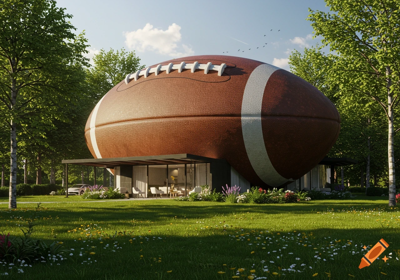 A photorealistic modern house shaped like a giant American football, set on a green lawn with wildflowers and trees under a blue sky.
