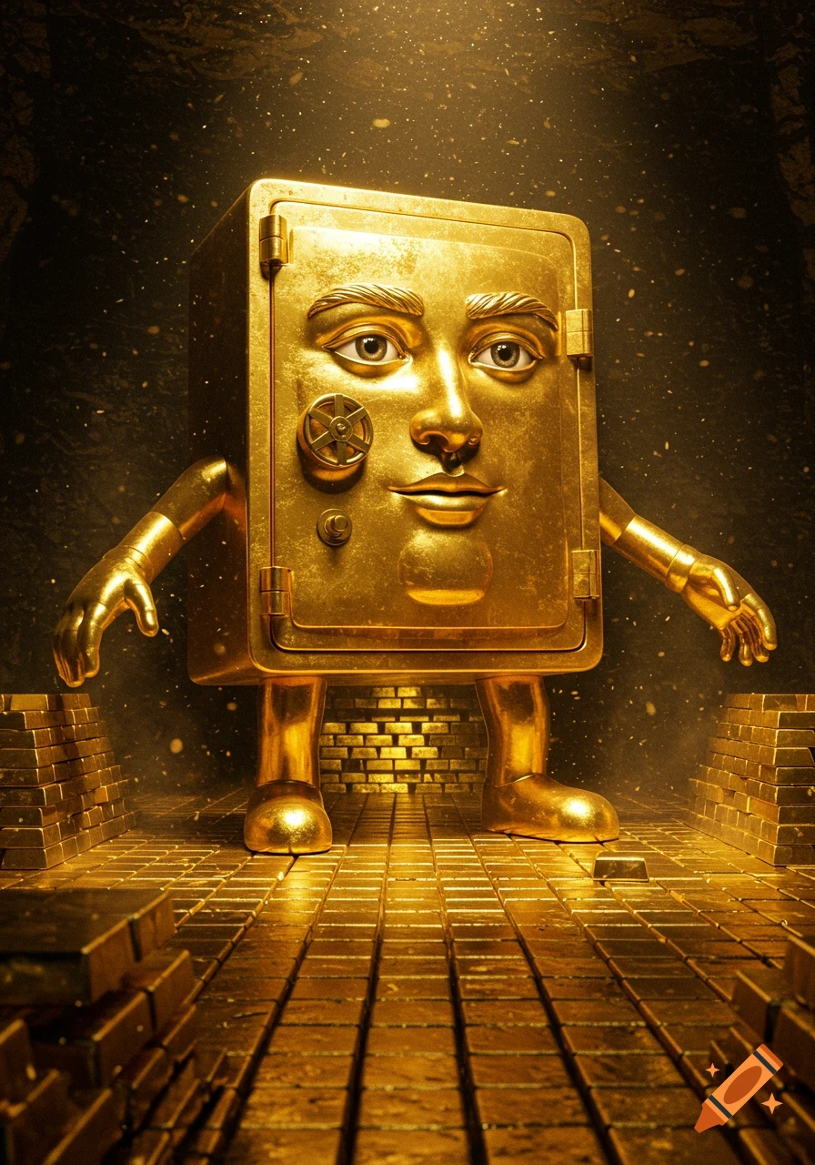 A photorealistic 3D render of a golden safe with a human face, arms, and legs, standing amidst piles of gleaming gold bars.