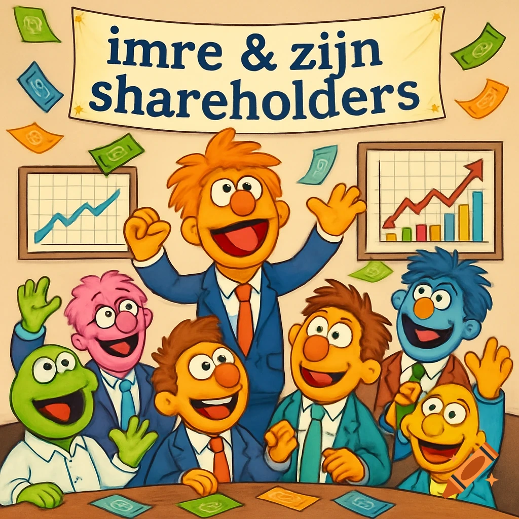 Colorful cartoon puppets in a boardroom celebrate, throwing money under a banner reading 'imre & zijn shareholders' with stock charts.