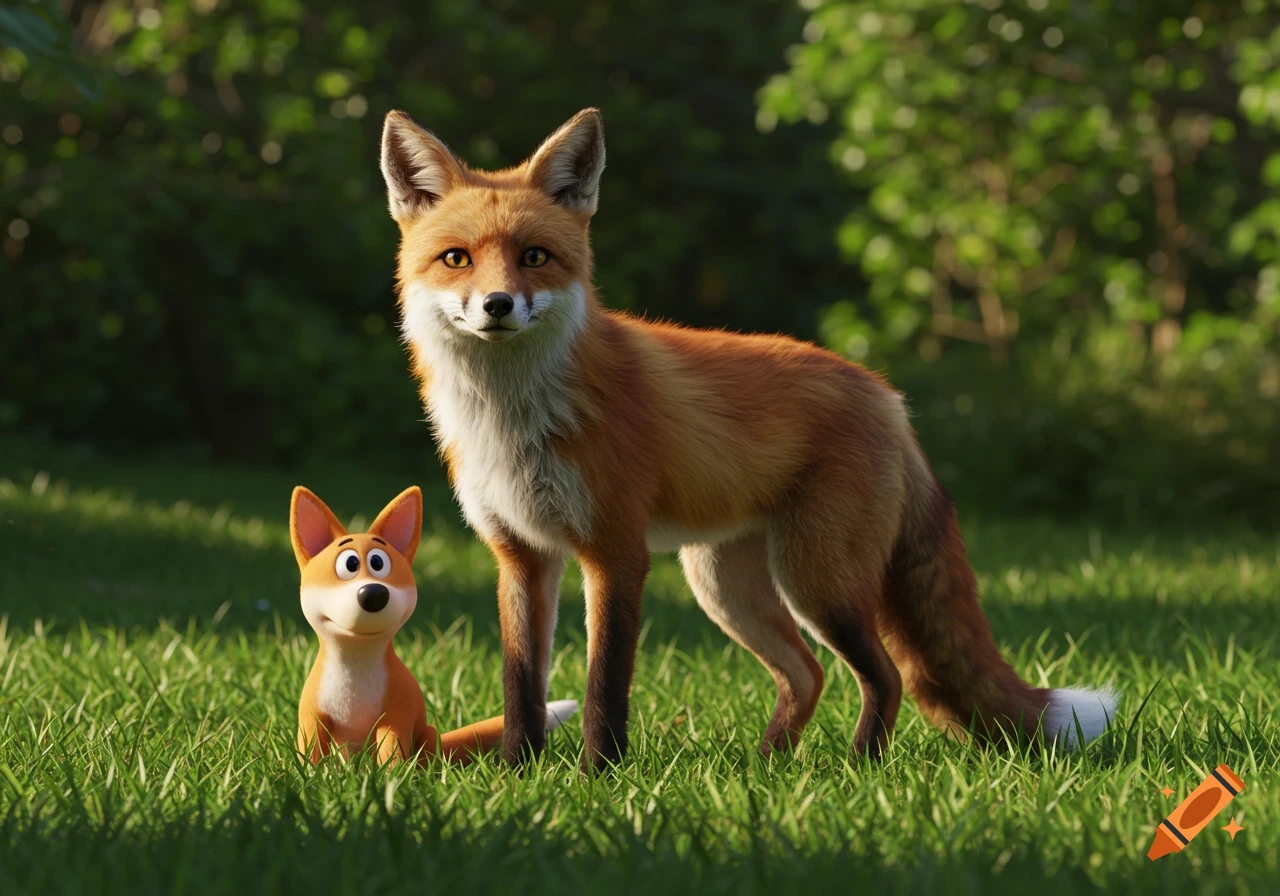 A realistic red fox stands attentively in green grass next to a small, cartoonish orange fox.