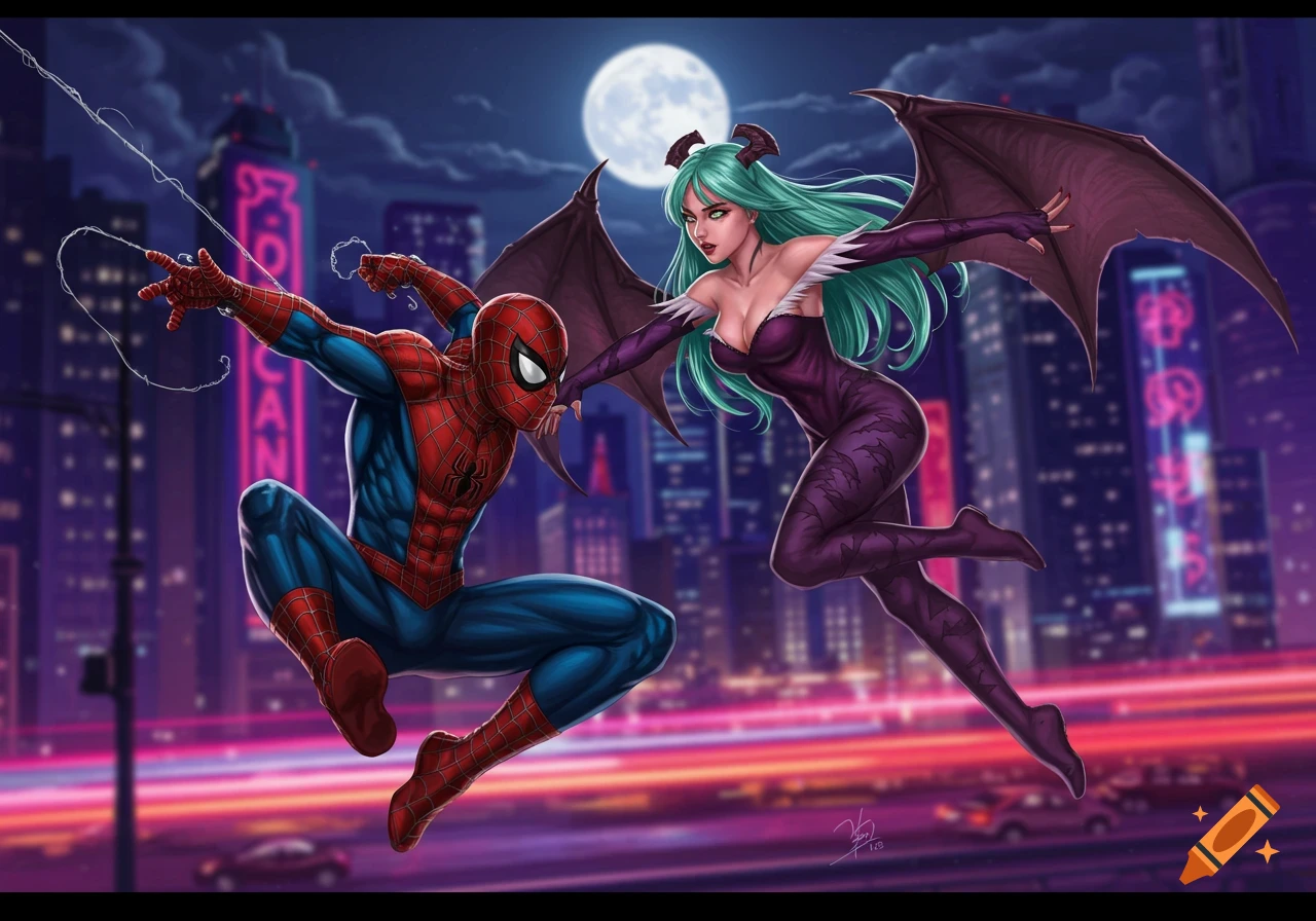 A dynamic illustration of Spider-Man swinging and Morrigan Aensland flying with bat wings, facing each other against a neon-lit city at night.