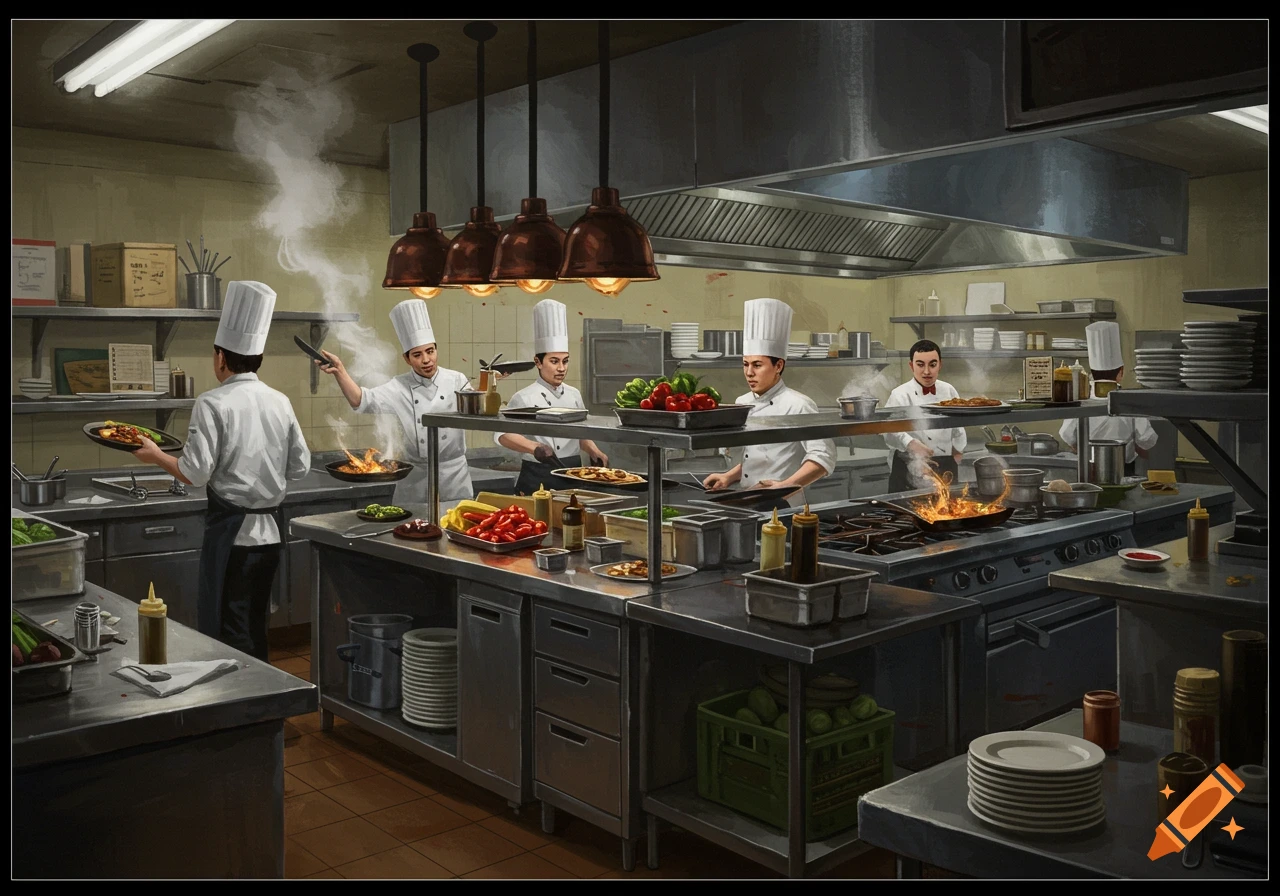 A busy restaurant kitchen with several chefs cooking over stoves and preparing dishes in a realistic art style.