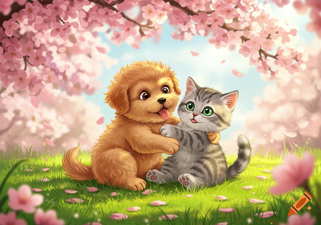 A cute fluffy brown puppy hugs a grey tabby kitten under pink cherry blossom trees in a grassy field.