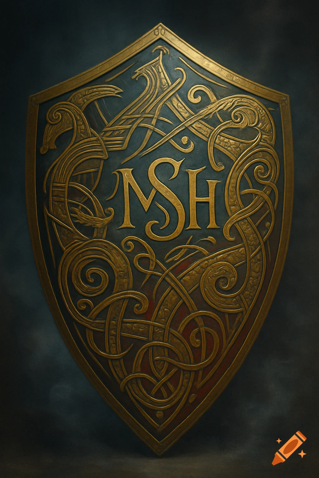 A detailed gold, dark blue, and dark red Viking shield with intricate Celtic knotwork and the initials 'MSH' at its center.