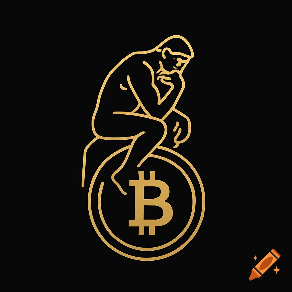 Gold line art of The Thinker sitting on a Bitcoin coin with the "B" symbol, on a black background.